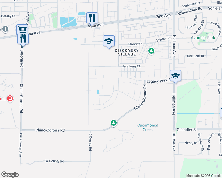 map of restaurants, bars, coffee shops, grocery stores, and more near 8651 Hereford Drive in Chino