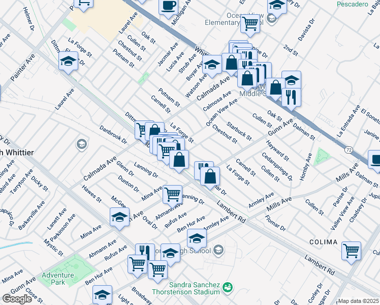 map of restaurants, bars, coffee shops, grocery stores, and more near 14147 Flomar Drive in Whittier