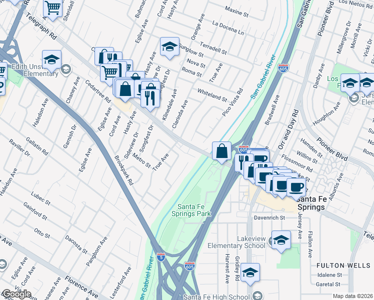 map of restaurants, bars, coffee shops, grocery stores, and more near 9719 Cedartree Road in Downey