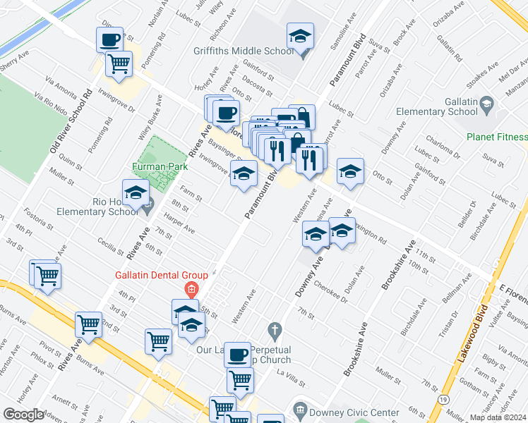 map of restaurants, bars, coffee shops, grocery stores, and more near 10348 Paramount Boulevard in Downey