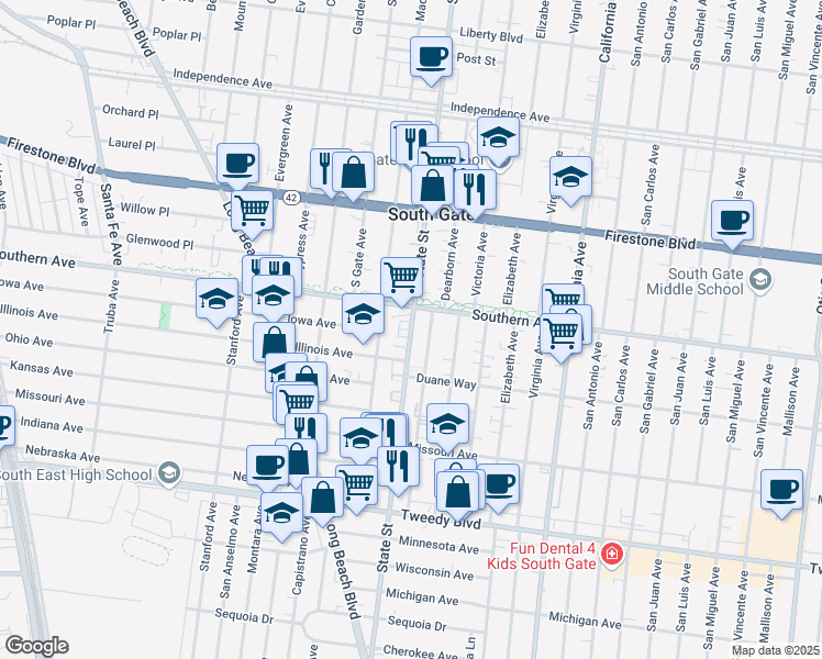 map of restaurants, bars, coffee shops, grocery stores, and more near 9232 Madison Avenue in South Gate