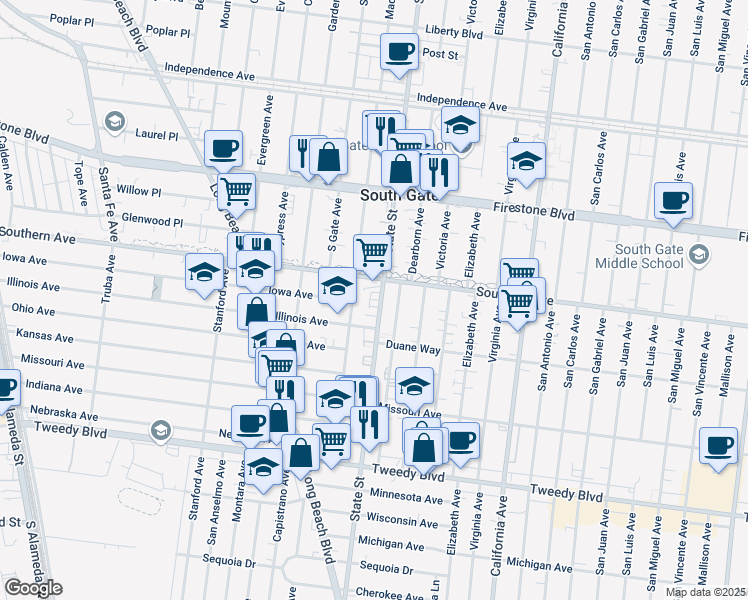 map of restaurants, bars, coffee shops, grocery stores, and more near 9232 Madison Avenue in South Gate