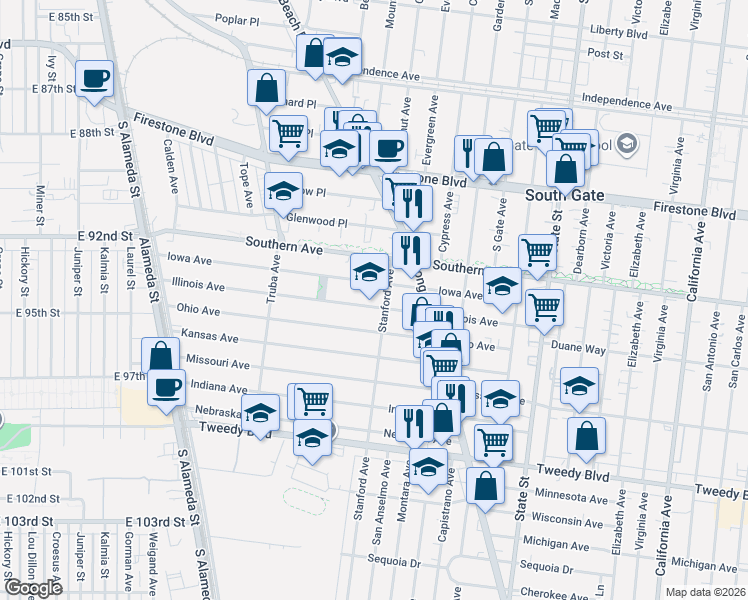 map of restaurants, bars, coffee shops, grocery stores, and more near 9324 Stanford Avenue in South Gate