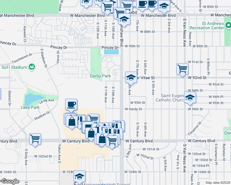 map of restaurants, bars, coffee shops, grocery stores, and more near 9406 South 10th Avenue in Inglewood