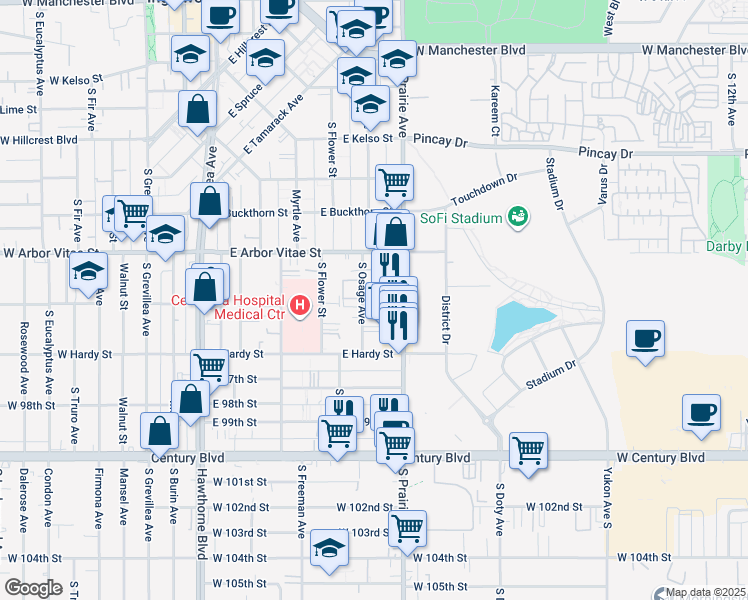 map of restaurants, bars, coffee shops, grocery stores, and more near 1000 South Osage Avenue in Inglewood