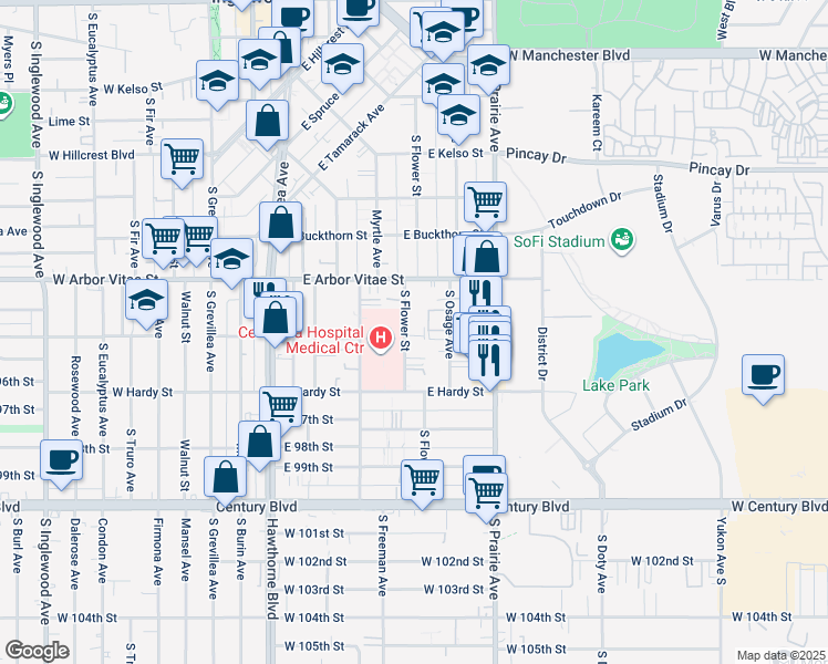 map of restaurants, bars, coffee shops, grocery stores, and more near 940 South Flower Street in Inglewood