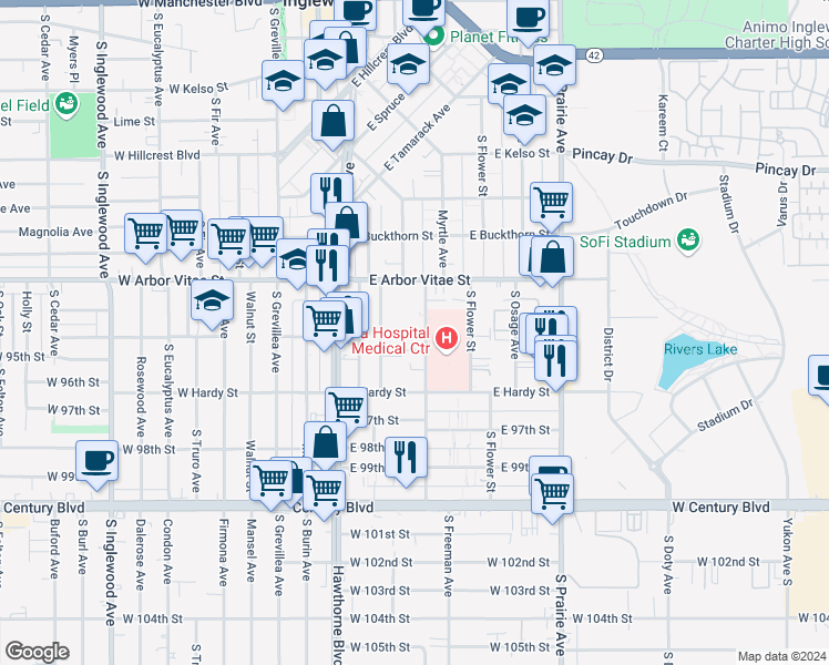 map of restaurants, bars, coffee shops, grocery stores, and more near 946 Larch Street in Inglewood