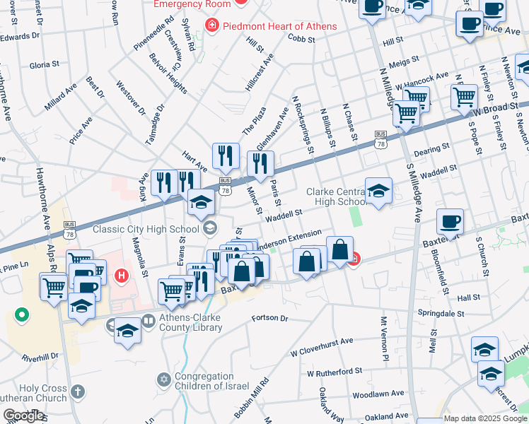 map of restaurants, bars, coffee shops, grocery stores, and more near 186 Minor Street in Athens