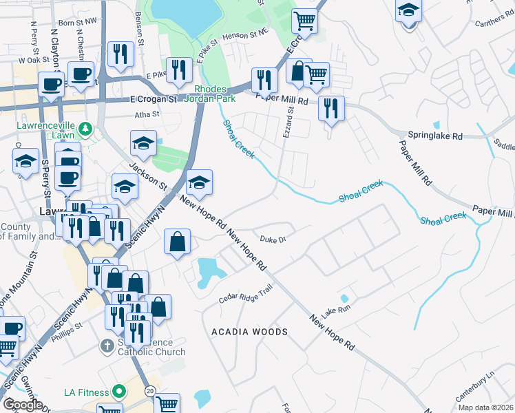 map of restaurants, bars, coffee shops, grocery stores, and more near 51 Ezzard Street in Lawrenceville