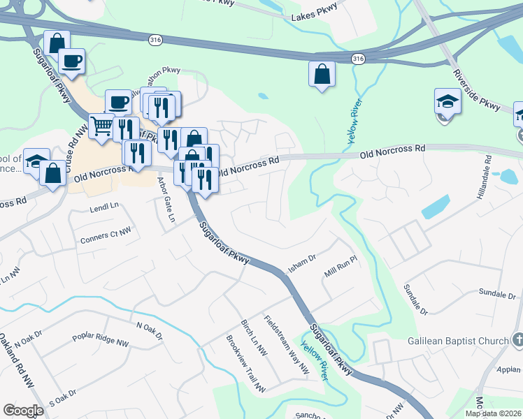 map of restaurants, bars, coffee shops, grocery stores, and more near 702 Riverlanding Drive in Lawrenceville