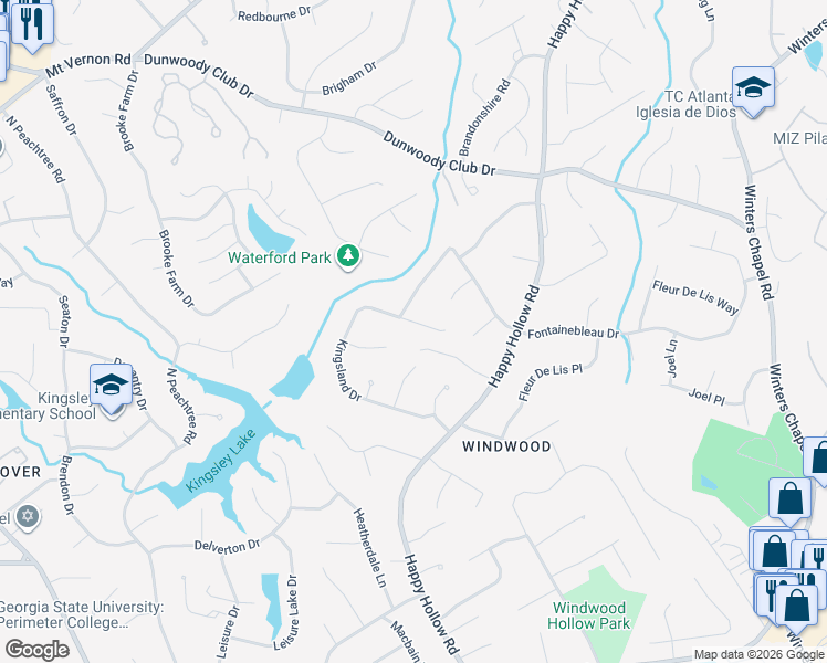map of restaurants, bars, coffee shops, grocery stores, and more near 2300 Kingsland Drive in Atlanta