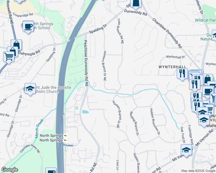 map of restaurants, bars, coffee shops, grocery stores, and more near 7185 Hunters Branch Drive Northeast in Atlanta