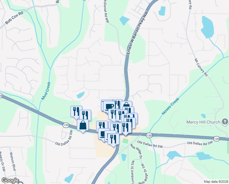 map of restaurants, bars, coffee shops, grocery stores, and more near 2435 Anderson Estates Court in Marietta