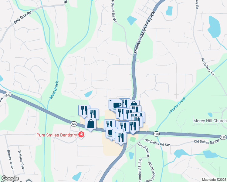 map of restaurants, bars, coffee shops, grocery stores, and more near 2475 Anderson Estates Court in Marietta
