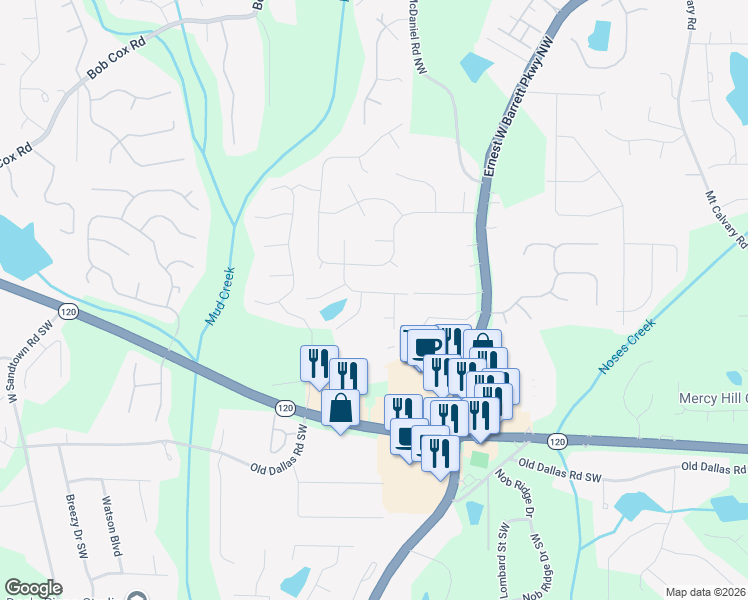 map of restaurants, bars, coffee shops, grocery stores, and more near 2659 Ashley Drive in Marietta