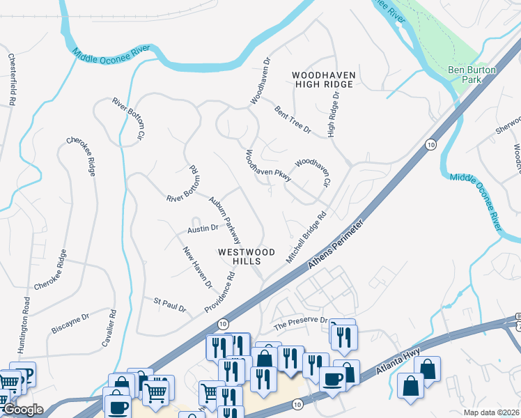 map of restaurants, bars, coffee shops, grocery stores, and more near 350 Providence Rd in Athens