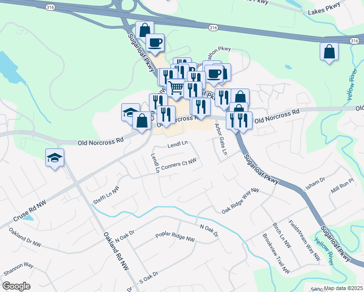 map of restaurants, bars, coffee shops, grocery stores, and more near 1045 Lendl Lane in Lawrenceville