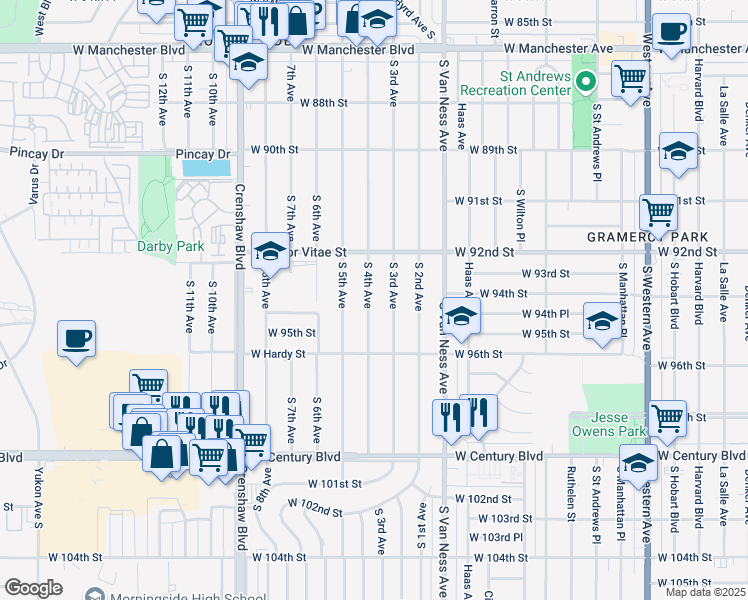 map of restaurants, bars, coffee shops, grocery stores, and more near 9410 South 4th Avenue in Inglewood