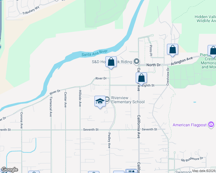 map of restaurants, bars, coffee shops, grocery stores, and more near 4734 Pedley Avenue in Norco