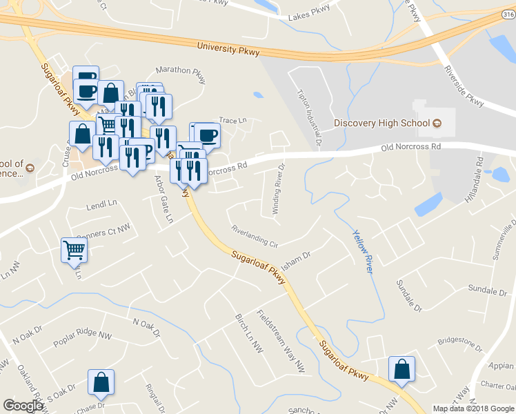 map of restaurants, bars, coffee shops, grocery stores, and more near 702 Riverlanding Drive in Lawrenceville