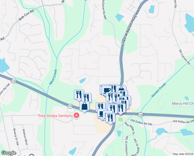 map of restaurants, bars, coffee shops, grocery stores, and more near 2655 Ashley Drive in Marietta
