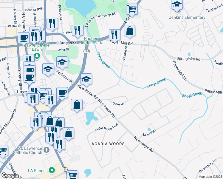 map of restaurants, bars, coffee shops, grocery stores, and more near 51 Ezzard Street in Lawrenceville