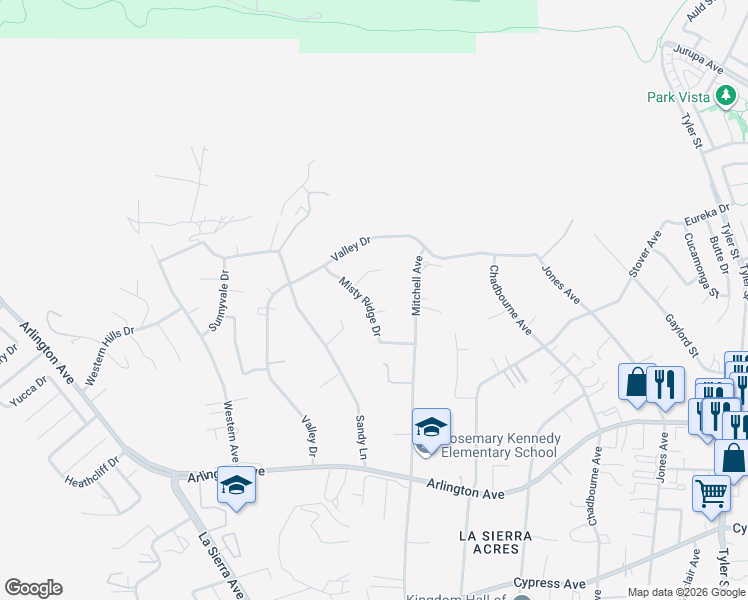 map of restaurants, bars, coffee shops, grocery stores, and more near 6768 Misty Ridge Drive in Riverside