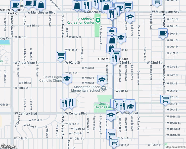 map of restaurants, bars, coffee shops, grocery stores, and more near 1930 W 94th St in Los Angeles