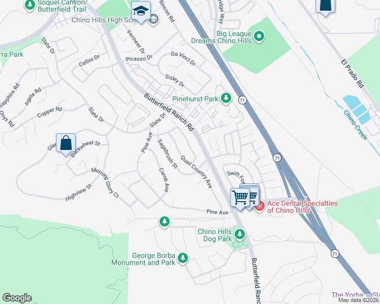 map of restaurants, bars, coffee shops, grocery stores, and more near 16644 China Berry Court in Chino Hills
