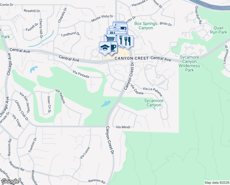 map of restaurants, bars, coffee shops, grocery stores, and more near 5555 Canyon Crest Drive in Riverside