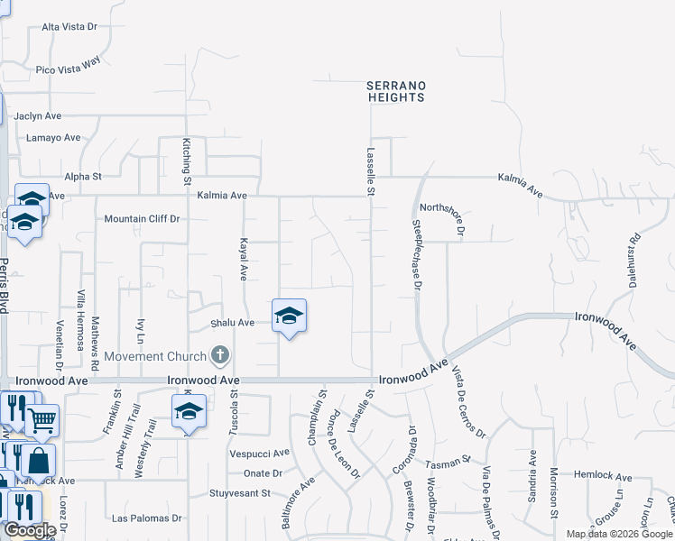 map of restaurants, bars, coffee shops, grocery stores, and more near 11651 Maple Court in Moreno Valley
