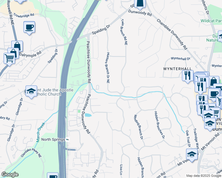 map of restaurants, bars, coffee shops, grocery stores, and more near 7185 Hunters Branch Drive Northeast in Atlanta