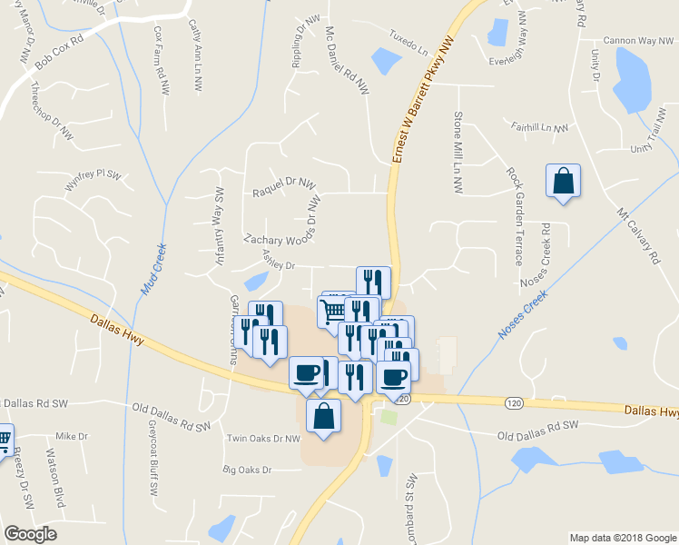 map of restaurants, bars, coffee shops, grocery stores, and more near 2475 Anderson Estates Court in Marietta
