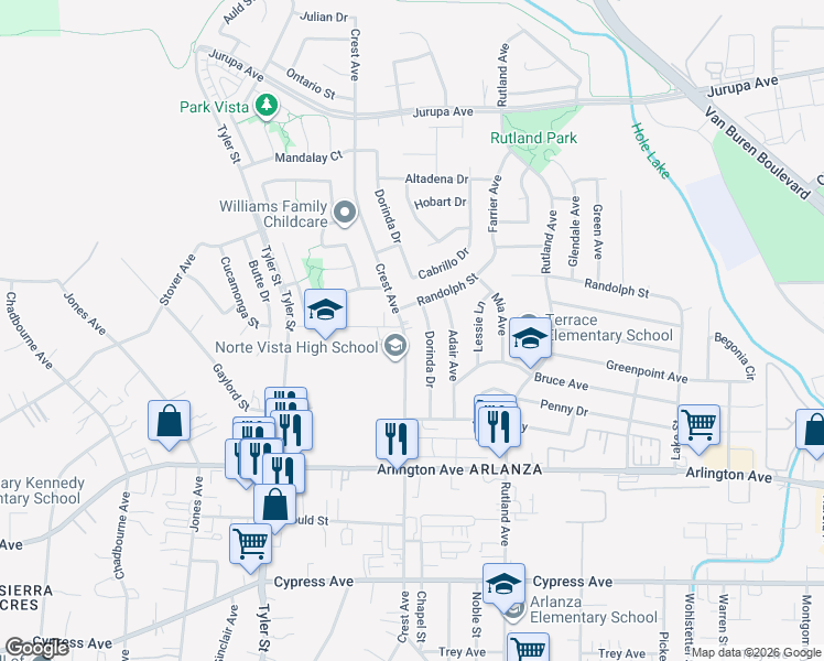 map of restaurants, bars, coffee shops, grocery stores, and more near 6666 Crest Avenue in Riverside