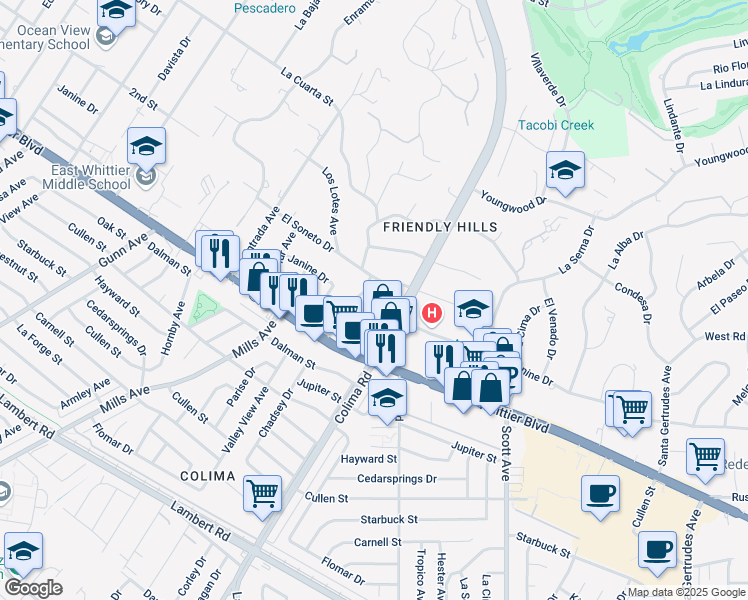 map of restaurants, bars, coffee shops, grocery stores, and more near 14945 Janine Drive in Whittier