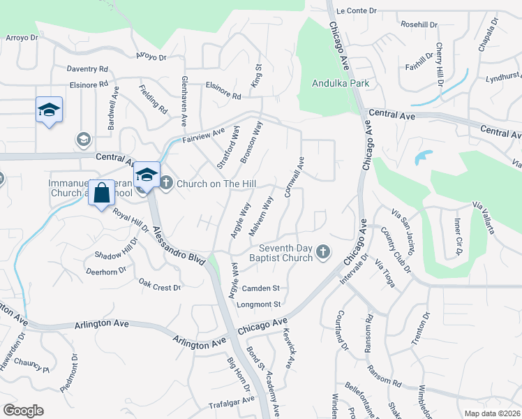 map of restaurants, bars, coffee shops, grocery stores, and more near 5539 Malvern Way in Riverside