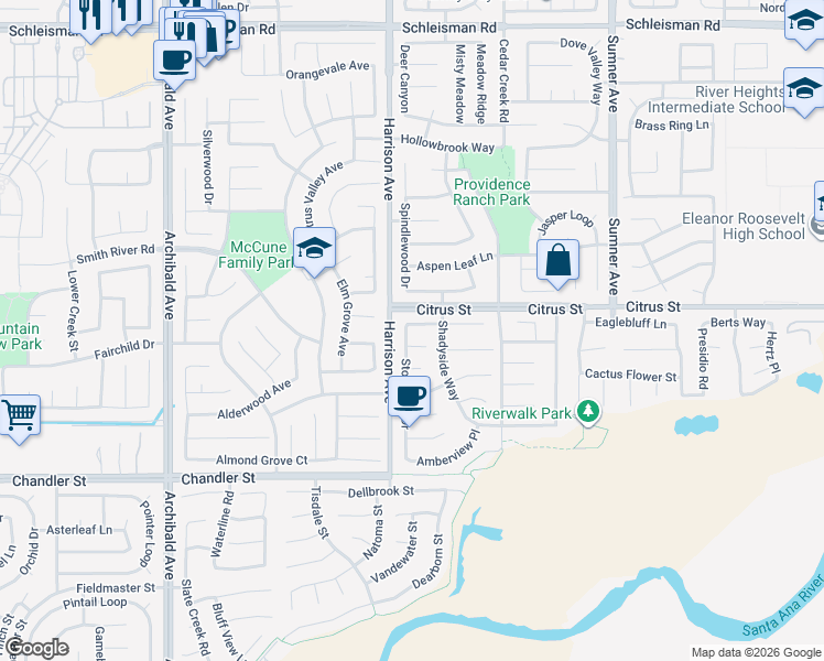 map of restaurants, bars, coffee shops, grocery stores, and more near 13763 Hunters Run Court in Corona