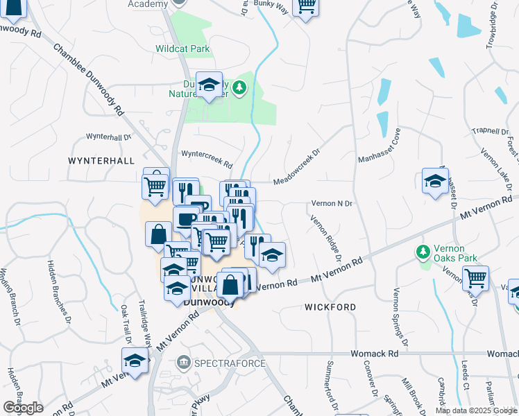map of restaurants, bars, coffee shops, grocery stores, and more near 1415 Vernon Ridge Close in Dunwoody