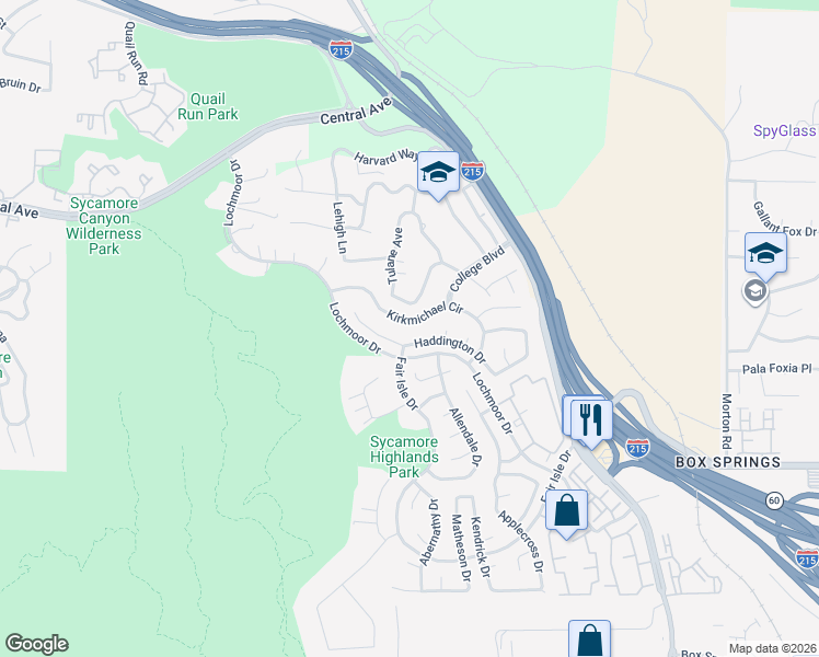 map of restaurants, bars, coffee shops, grocery stores, and more near 1413 Kirkmichael Circle in Riverside