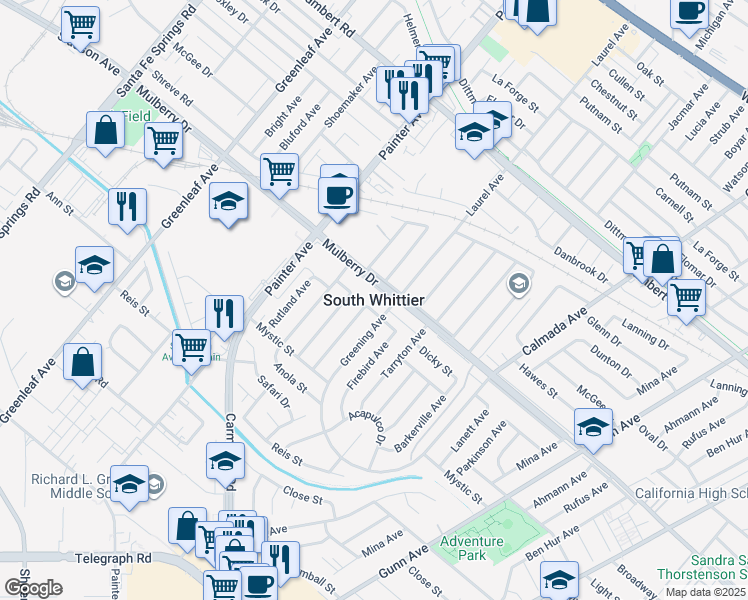 map of restaurants, bars, coffee shops, grocery stores, and more near in South Whittier