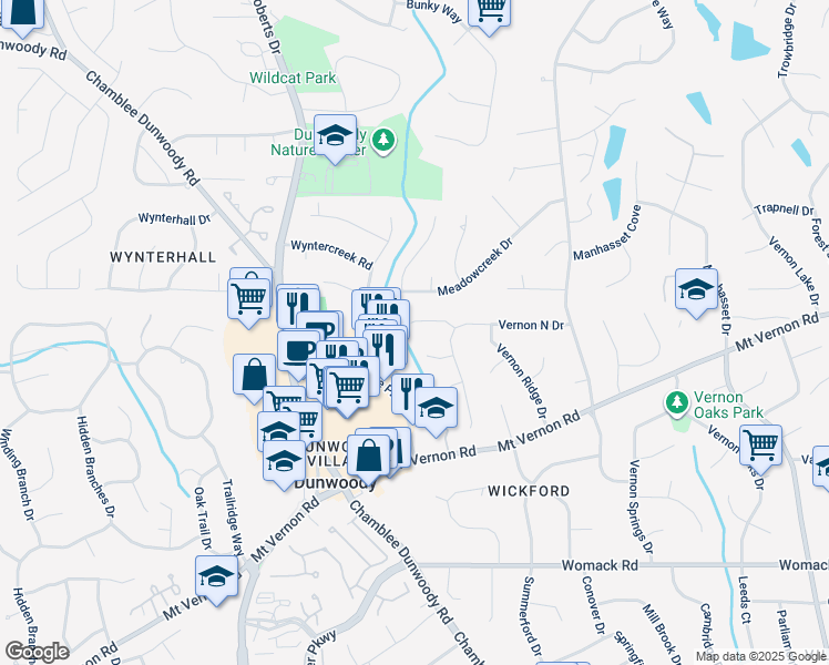 map of restaurants, bars, coffee shops, grocery stores, and more near 1415 Vernon Ridge Close in Dunwoody