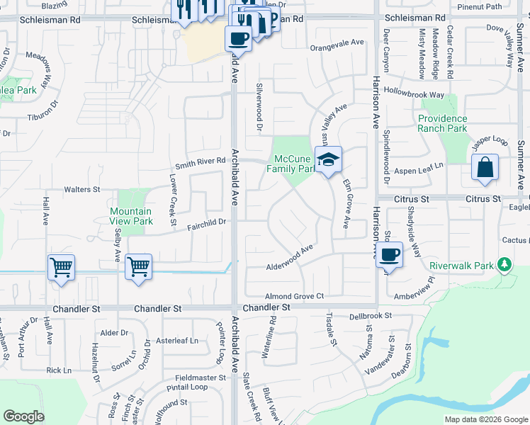 map of restaurants, bars, coffee shops, grocery stores, and more near 7555 Walnut Grove Avenue in Corona