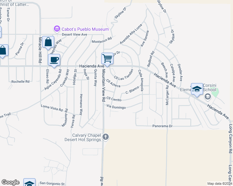 map of restaurants, bars, coffee shops, grocery stores, and more near 13390 Avenue Hermosa in Desert Hot Springs
