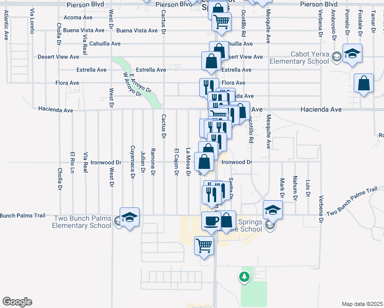 map of restaurants, bars, coffee shops, grocery stores, and more near 13430 La Mesa Drive in Desert Hot Springs