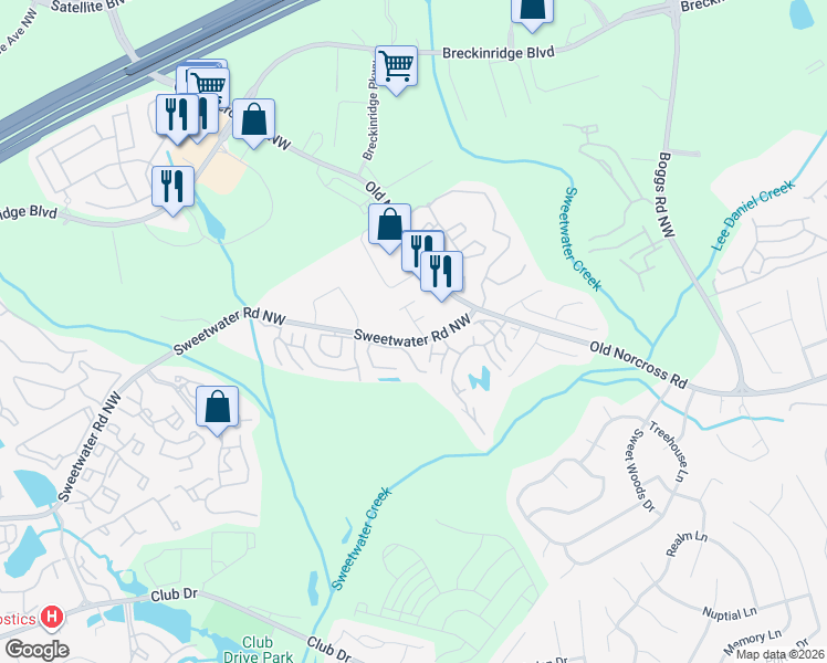 map of restaurants, bars, coffee shops, grocery stores, and more near 1526 Viero Drive in Lawrenceville