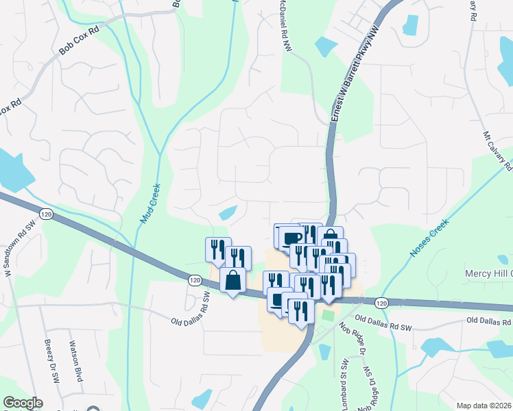 map of restaurants, bars, coffee shops, grocery stores, and more near 2655 Ashley Drive in Marietta