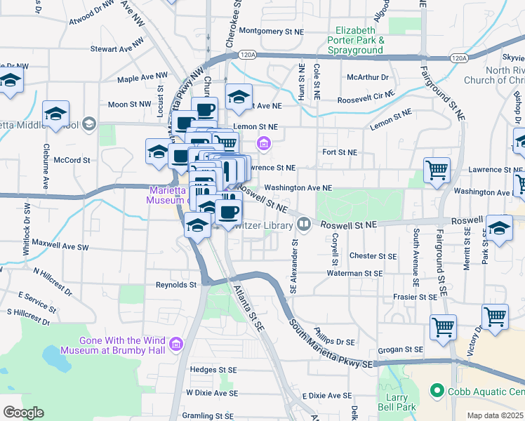 map of restaurants, bars, coffee shops, grocery stores, and more near 170 Anderson Street SE in Marietta