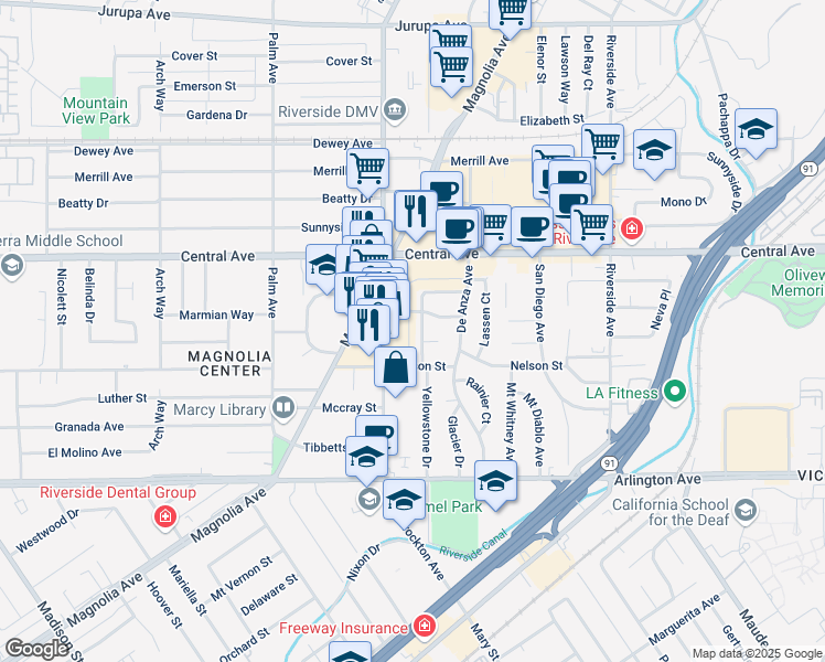 map of restaurants, bars, coffee shops, grocery stores, and more near 6735 Yellowstone Drive in Riverside