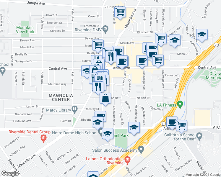 map of restaurants, bars, coffee shops, grocery stores, and more near 6735 Yellowstone Drive in Riverside