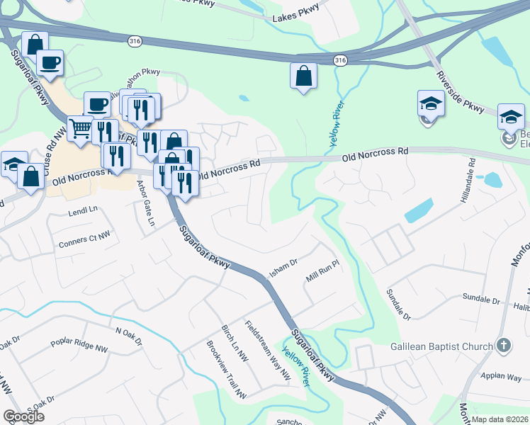 map of restaurants, bars, coffee shops, grocery stores, and more near 705 Winding River Drive in Lawrenceville